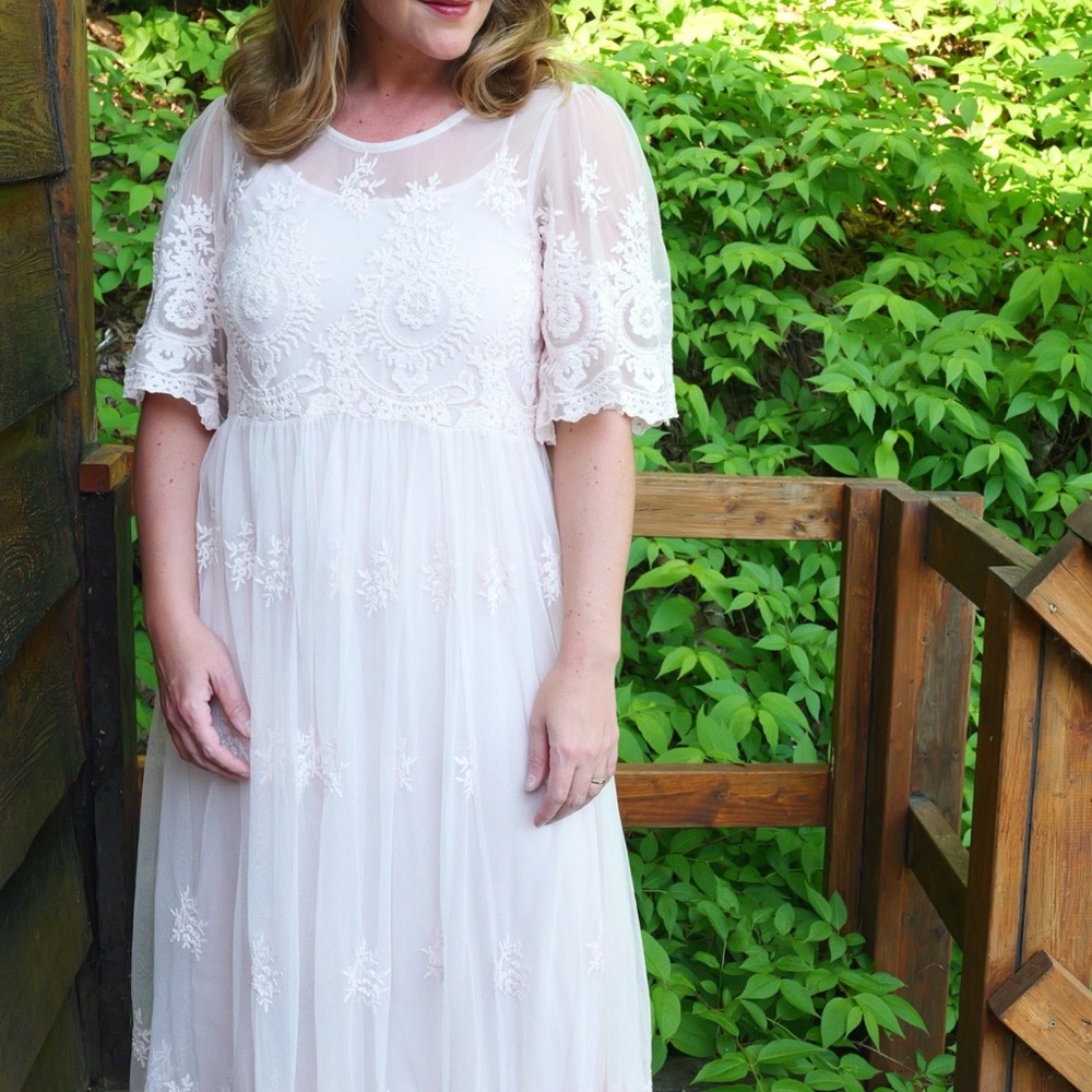 Sorbet Pink Flutter Sleeve Lace Maxi Dress for Brides